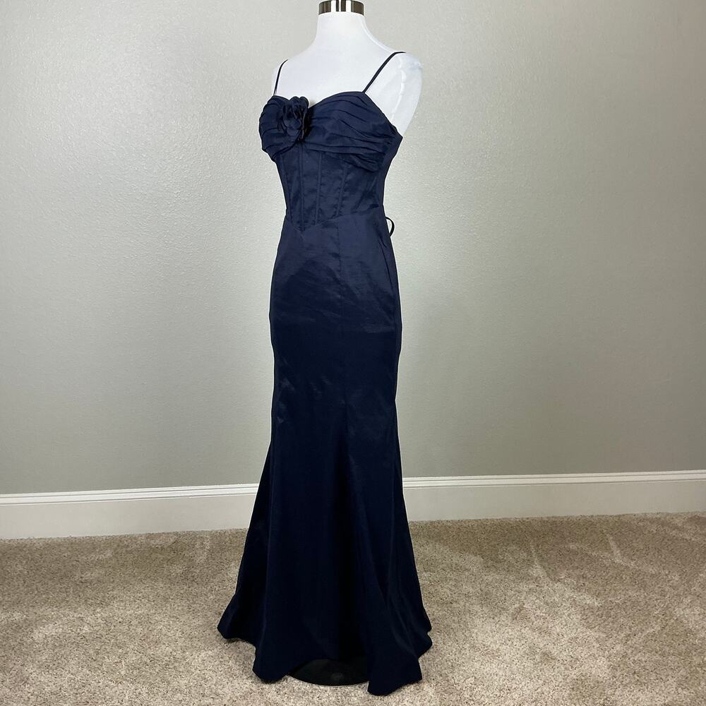 Blondie Nites Navy Blue Evening Gown Satin Lace Up Formal Mermaid Dress Size 7 - Picture 6 of 12
